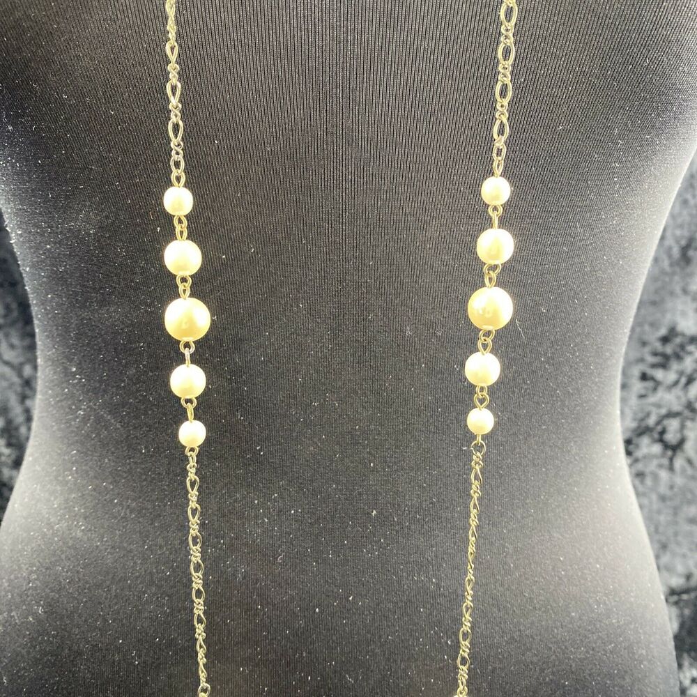 Vintage Flapper 20s Style Lariat Open 56 in Chain Faux Pearl Necklace Tassel - Picture 3 of 8